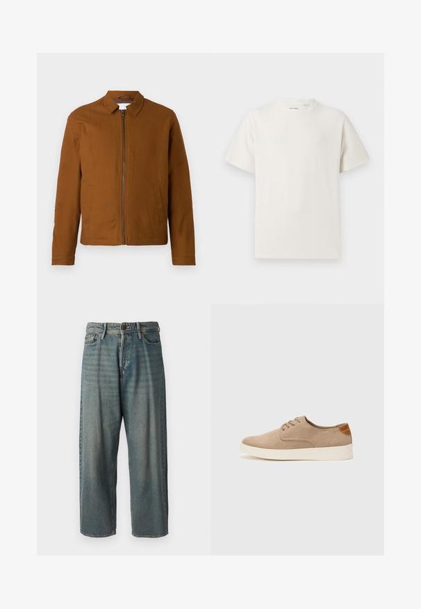 Casaco leve castanho com colarinho, fecho frontal completo e dois bolsos laterais. Textura suave e forma ajustada.; T-shirt branco de manga curta em textura canelada. Gola redonda, ajuste descontraído, sem padrões ou detalhes visíveis. Design simples e versátil.; Jeans de ganga azul claro com um corte solto, cintura média e pernas retas. Apresenta cinco bolsos, passadores de cinto e fecho com botão.; Sapatilhas de camurça bege com bico arredondado, fecho de atacadores na parte da frente e um detalhe texturizado na parte de trás. A sola de borracha branca proporciona contraste. Design simples e moderno.