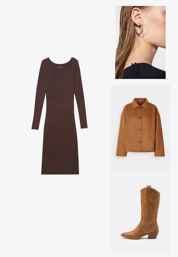 Barna gyapjúkeverék dzseki klasszikus gallérral, nagy elülső gombokkal és boxy fazonnal. Oldalsó zsebekkel és puha, texturált felszíni kidolgozással rendelkezik.; Barna bordás, hosszú ujjú ruha, lekerekített nyakkivágással és testre simuló szabással. A dekoltázson V-alakú varrási részlet található.; Barna bőr cowboy csizma hegyes orral, hímzett örvény mintákkal a szárán, és stílusos, réteges blokk sarokkal. Kihúzó füle segíti a könnyű felhúzást.; Ez egy ezüst fülbevaló, sima felülettel, amelyen apró arany díszítőelemek találhatók. Kerek formájú és a fülcimpán viselik.