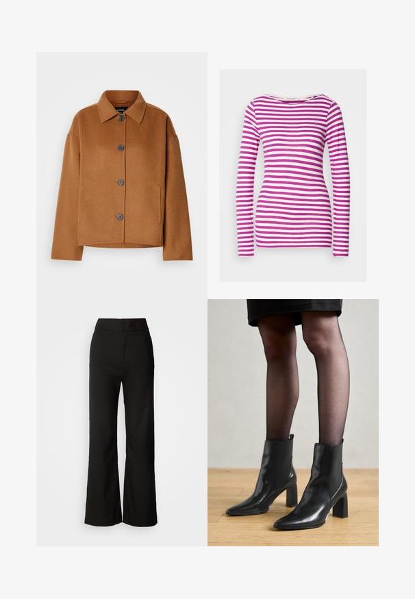 Brun uldblandet jakke med klassisk krave, store frontknapper og en løs pasform. Har sidelommer og en blød, tekstureret overflade.; Langærmet T-shirt med en tætsiddende pasform, lavet af blødt bomuld. Har vandrette lyserøde og hvide striber samt en bred rund halsudskæring.; Sorte bukser med bred benvidde, glat tekstur, høj talje og et enkelt design. Ingen synlige lommer eller udsmykninger.; Sorte læderankelstøvler med spids tå, kraftig firkantet hæl og slankt design. Har elastiske sidepaneler for nem påtagning.
