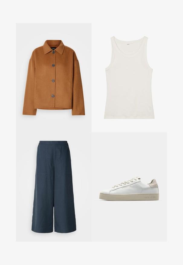 Brązowa kurtka z mieszanki wełny z klasycznym kołnierzem, dużymi guzikami z przodu i pudełkowym krojem. Ma boczne kieszenie i miękkie, teksturowane wykończenie.; Biała bawełniana koszulka na ramiączkach z szerokim dekoltem i cienkimi ramiączkami. Gładka faktura bez widocznych wzorów czy zdobień.; Spodnie z szerokimi nogawkami w kolorze granatowym, wykonane z lekkiego materiału. Cechują się lekko teksturowaną powierzchnią, elastycznym pasem oraz szwami z przodu.; Białe skórzane sneakersy o gładkim wykończeniu, beżowe zamszowe akcenty, okrągły czubek, płaski system wiązania i teksturowana gumowa podeszwa.