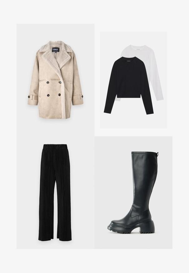 Cappotto doppio petto beige con colletto soffice, realizzato in materiale morbido. Presenta tasche frontali e dettagli con bottoni neri.; Due camicie a maniche lunghe: una nera e una bianca. Entrambe presentano un col a girocollo, maniche raglan e un morbido tessuto in misto cotone.; Pantaloni neri a plissé con vita elasticizzata. Presentano gamba ampia e un tessuto liscio e texture con strisce verticali.; Stivale lungo in pelle nera con suola piatta robusta e tacco a blocco, dotato di linguetta e battistrada testurizzato sulla suola.
