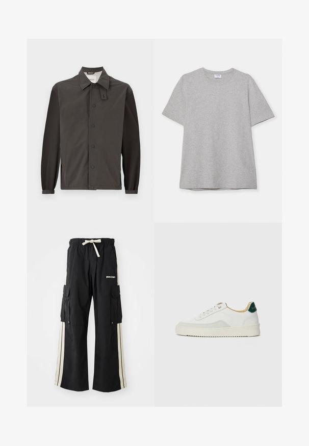 Dark gray jacket made from lightweight material, featuring a collared neckline, snap buttons, and elastic cuffs for a fitted look.; Gray short-sleeve T-shirt made from soft, textured fabric. Features a classic crew neck and a straight hem, suitable for casual wear.; Black cargo pants with elastic waistband and drawstring, features cream side stripes, multiple pockets, and logo detail on the front.; White sneaker with suede accents, rounded toe, flat laces, and a cream rubber sole. Features green branding on the heel.