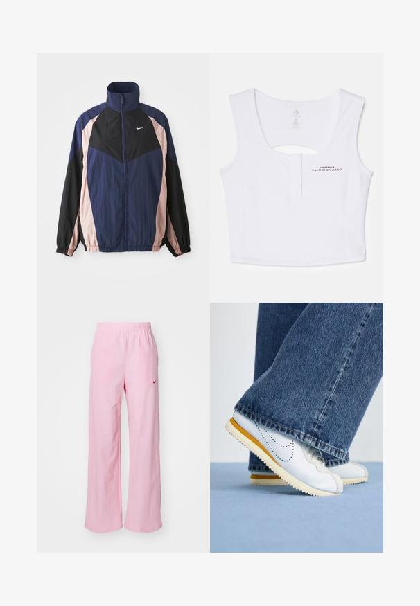 Vėjo nepralaidi striukė su aukštu apykakle, lengvu audiniu ir spalvų blokų dizainu mėlynos, juodos ir šviesiai rožinės spalvų su elastingais rankogaliais.; Balta trumpa viršutinė dalis, pagaminta iš medvilnės mišinio. Turi rakto skylutės formos išpjovą nugaroje ir juodai atspausdintą logotipą priekyje.; Rožinės, elastinga juosmens dalimi, laisvo kirpimo kelnių. Su raudonu logotipu kairėje pusėje ir lygaus, lengvo audinio tekstūra.; Baltos odinės sportbačiai su geltonais akcentais, apvaliu pirštu ir tekstūruotu guminio pado dizainu, derinami su tamsiai mėlynomis plačiomis džinsinėmis kelnėmis.