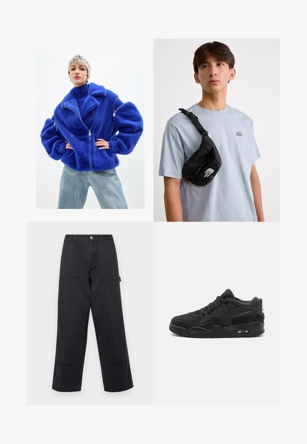 Modrá umělá koženka s širokým límcem, zapínáním na zip a nadměrnými rukávy. Nošena přes modrý rolák a kombinována se světlými džíny.; Bílý přehozený tričko vyrobené z bavlny, s modrým nápisem "23" a růžovým písmem. Krátké rukávy a kulatý výstřih. Hladká textura.; Černé kalhoty s širokým nohavicemi z denimu s velkými předními kapsami, rovný střih a kontrastní prošívání. Obsahují kovové zapínání na knoflík.; Jordan AIR JORDAN 4 UNISEX - Tenisky - black/white; Černá nylonová crossbody taška s nastavitelným popruhem, vybavená výrazným bílým logem. Nošena přes světle modré tričko. Jednoduchý, funkční design.