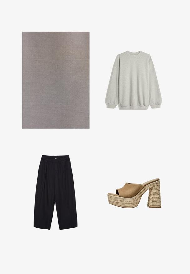 Touché Privé - Prochowiec; Szara bluza z miękkiego materiału, z okrągłym dekoltem, długimi rękawami z elastycznymi mankietami oraz luźnym krojem. Bez wzorów i akcentów.; Czarne spodnie culotte z poliestru z elastycznym pasem, dwoma fałdami z przodu i luźnym krojem. Brak widocznych wzorów lub elementów metalowych.; Brązowe zamszowe mule na platformie z otwartym noskiem, z grubo plecioną jutową obcasem i gładkim, zaokrąglonym górnym fasonem.