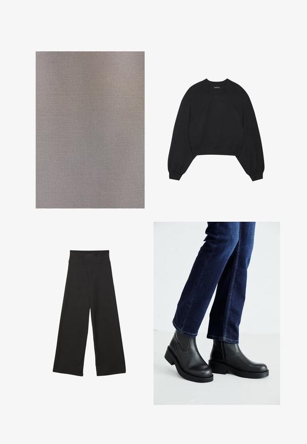 Touché Privé - Prochowiec; Czarny skrócony sweatshirt wykonany z miękkiego materiału, z długimi raglanowymi rękawami, okrągłym dekoltem i elastycznymi mankietami. Brak wyraźnych wzorów lub dodatków.; Czarne spodnie szerokie z nogawkami, wyposażone w wysoki elastyczny pas, wykonane z miękkiego materiału i luźnym kroju, idealne do codziennego noszenia lub w luźniejszych okolicznościach.; Czarne skórzane botki za kostkę z grubą podeszwą oraz bocznymi elastycznymi panelami, w zestawieniu z ciemnoniebieskimi dżinsami. Podłoże jest jasne.