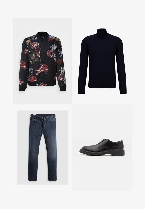 Černá květinová bomber bunda s živými vzory květin v červené, modré a zelené barvě, kulatým límcem a žebrovanými manžetami a lemem.; Tmavě modrý rolák vyrobený z jemného pleteného materiálu, s dlouhými rukávy a přiléhavým vysokým límcem. Bez viditelných vzorů nebo akcentů.; Tmavě modré džíny z denimu se střihy rovnými nohavicemi, se zipem na přední straně, kovovými knoflíky a měděnými nýtovými doplňky. Hladký povrch, bez viditelných vzorů.; Černé kožené šněrovací boty s kulatou špičkou, hladkým povrchem, minimálním prošíváním a nízkým gumovým podpatkem. Logo na patě.