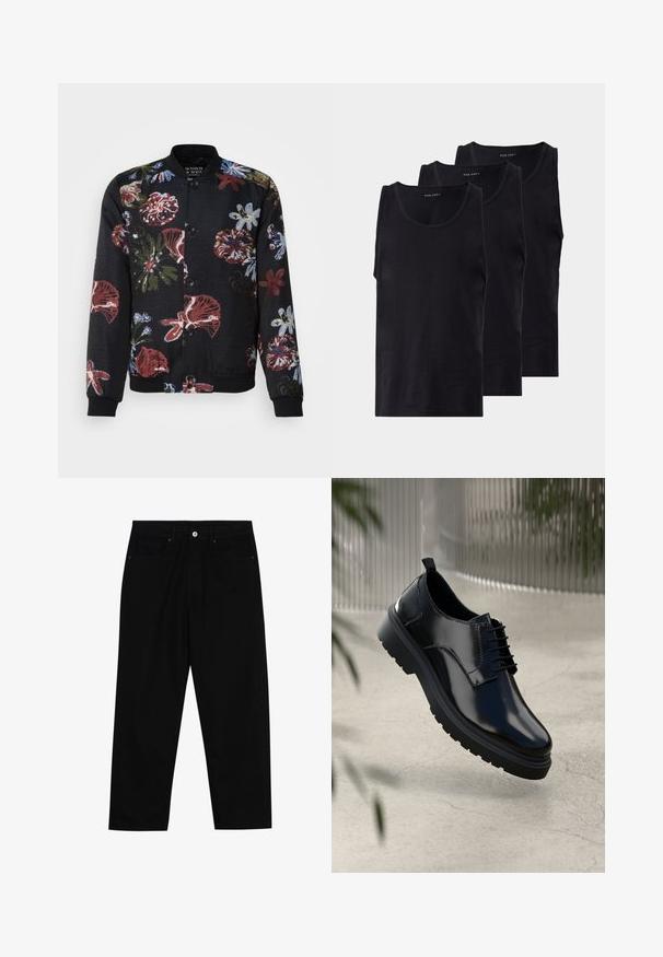 Čierna bomber bunda s kvetinovým vzorom obsahujúca živé červené, modré a zelené kvety, okrúhly golier a rebrované manžety a spodný lem.; Čierne bavlnené tielka v balení po troch kusoch, s okrúhlym výstrihom a bezrukávovým dizajnom, hladkým povrchom a klasickým strihom.; Čierne denimmové nohavice s rovný strihom, dizajnom s piatimi vreckami a upínaním na prednej strane. Hladká textúra s minimálnymi detailmi šitia.; Čierna kožená topánka s lesklým povrchom, okrúhlou špičkou, šnurovacími detailmi, kontrastným prešívaním a hrubou gumovou podrážkou so vzorom na podrážke.