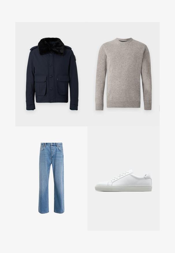 Navy blue jacket with a faux fur collar, button closure, and two front pockets. Features shoulder epaulets and additional detailing on the sleeve.; Light gray knitted sweater with a crew neckline, long sleeves, and ribbed cuffs and hem. Textured pattern with flecks of color.; Light blue denim jeans with a straight-leg design, five pockets, button closure, minimal fading, and contrasting stitching details.; White sneaker with a smooth leather upper and a low profile. Features a rounded toe, six eyelets, and a textured rubber sole.