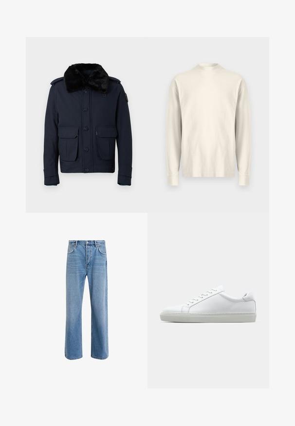 Jachetă bleumarin cu guler din blană artificială, închidere cu nasturi și două buzunare frontale. Are epauleți pe umeri și detalii suplimentare pe mânecă.; Cămașă cu mâneci lungi și guler înalt din bumbac crem deschis. Textură netedă, croială lejeră, design minimalist, fără modele sau accente vizibile.; Jeans din denim bleu deschis cu un design drept, cinci buzunare, închidere cu buton, decolorare minimă și detalii de cusătură în contrast.; Adidași albi cu o suprafață din piele netedă și un profil jos. Au un vârf rotunjit, șase orificii pentru șireturi și o talpă din cauciuc texturată.