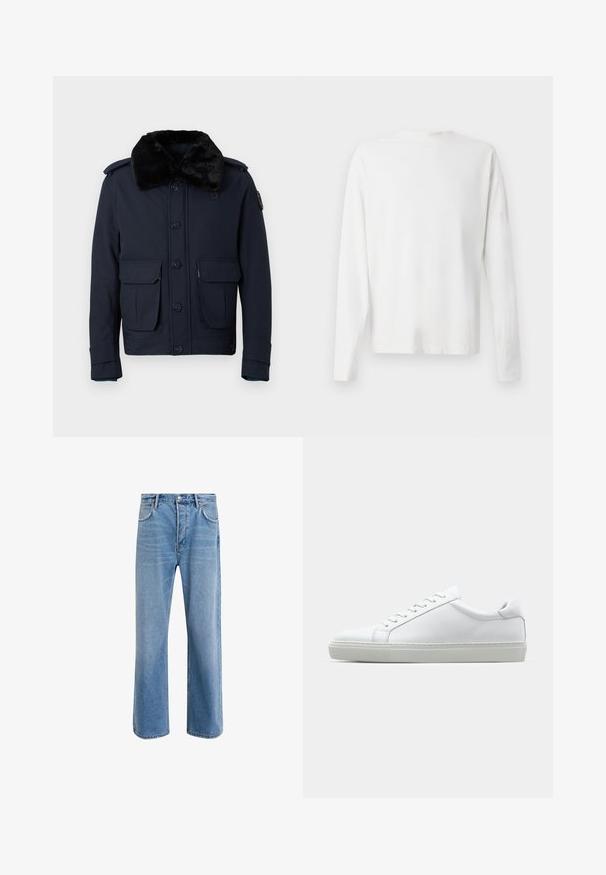 Námořnická modrá bunda s límcem z umělé kožešiny, zapínání na knoflíky a dvěma předními kapsami. Obsahuje ramenní epauletky a další detaily na rukávu.; Bílá bavlněná košile s dlouhým rukávem a kulatým výstřihem, s bočními rozparky na spodní části a hladkým povrchem, vystavená zezadu.; Světle modré džínové kalhoty s rovnými nohavicemi, pěti kapsami, zapínáním na knoflík, minimálním vyblednutím a kontrastním prošitím.; Bílé tenisky s hladkým koženým svrškem a nízkým profilem. Mají zaoblenou špičku, šest nýtů a texturovanou gumovou podrážku.