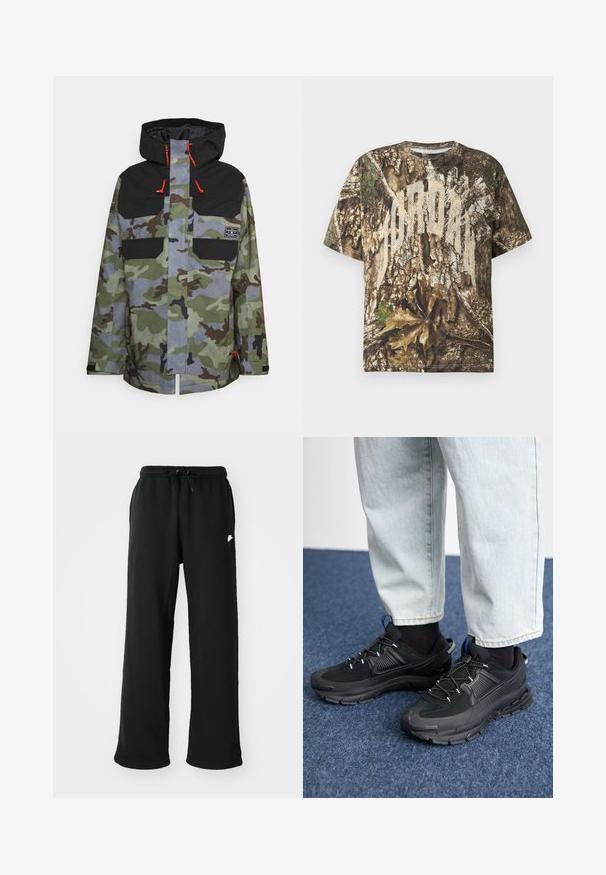 DC Shoes HAVEN JACKET - Casaco de snowboard - woodland; T-shirt de manga curta com impressão de camuflagem realista de casca de árvore e folhas, e com um grande texto branco desbotado no peito.; Calças de treino pretas feitas de tecido suave, com cintura elástica e cordão ajustável, e um pequeno detalhe de logótipo na lateral.; Sapatilhas desportivas pretas com tecido texturizado e solas em borracha, apresentando atacadores elásticos e um detalhe azul no calcanhar. Usadas com calças de ganga claras.