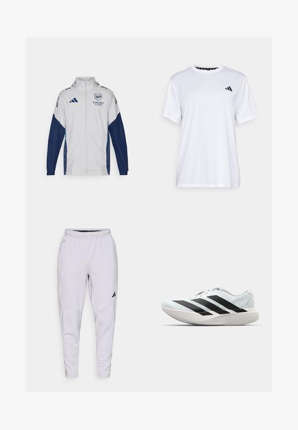 Veste de piste blanche avec des accents bleu marine, dotée d'une fermeture éclair intégrale, d'une capuche et de détails de logo. Fabriquée en matériau léger et résistant à l'eau.; T-shirt de sport blanc à manches courtes, fabriqué en tissu évacuant l'humidité. Présente un logo noir sur la poitrine gauche et un col intérieur à motifs.; Pantalons de sport gris clair avec taille élastique, design fuselé, poches latérales et accents logo noirs. Fabriqués en tissu doux et extensible.; Baskets de course légères en bleu pâle avec des rayures noires. Elles présentent un dessus lisse, un embout rond et une semelle intermédiaire blanche épaisse étiquetée "LIGHTSTRIKE PRO".