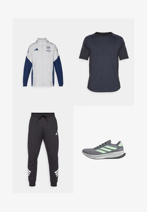 Giacca da pista bianca con accenti blu navy, dotata di zip completa, cappuccio e dettagli del logo. Realizzata in materiale leggero e resistente all'acqua.; Maglietta sportiva a maniche corte in grigio scuro, con un motivo testurizzato, tessuto traspirante e design con scollo rotondo.; Pantaloni sportivi neri con vita regolabile, gambe affusolate e dettaglio del marchio a tre strisce bianche sulla parte inferiore della gamba sinistra. Tessuto morbido e texturizzato.; adidas Performance SUPERNOVA - Scarpe da trail running - grey three semi green spark dash grey