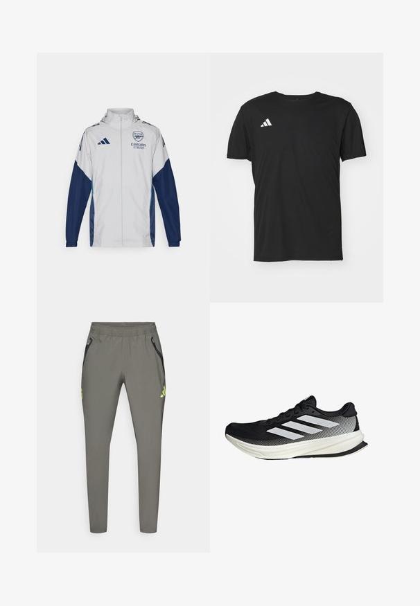 Witte sportjack met marineblauwe accenten, voorzien van een volledige rits, capuchon en logodetails. Gemaakt van lichtgewicht, waterafstotend materiaal.; Zwart sport T-shirt gemaakt van lichtgewicht stof, met korte mouwen en een ronde hals. Witte Adidas-logo op de bovenste linkerzijde.; adidas Performance REAL MADRID C VISTECH P - Fanartikel - utility grey/semi frozen yellow; Zwarte sportieve schoen met een mesh ontwerp, voorzien van witte strepen, een ronde neus en een gestructureerde zool voor grip en ondersteuning.