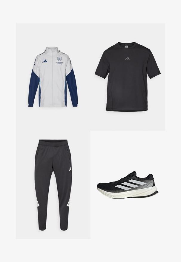 Veste de piste blanche avec des accents bleu marine, dotée d'une fermeture éclair intégrale, d'une capuche et de détails de logo. Fabriquée en matériau léger et résistant à l'eau.; T-shirt de sport noir en matériau respirant, à manches courtes, avec un col rond et un logo réfléchissant sur la poitrine.; Pantalon de sport noir à jambes fuselées, taille élastique, poches latérales, avec un logo blanc et des détails à rayures. Confectionné dans un matériau lisse et léger.; Chaussure de sport noire avec un design en maille, ornée de rayures blanches, à bout arrondi et avec une semelle texturée pour une meilleure adhérence et un soutien accru.