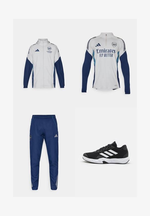 Veste de piste blanche avec des accents bleu marine, dotée d'une fermeture éclair intégrale, d'une capuche et de détails de logo. Fabriquée en matériau léger et résistant à l'eau.; Maillot à manches longues blanc avec des accents bleu marine, col zippé mi-hauteur, arborant le logo "Emirates Fly Better" et le blason du club d'Arsenal.; Pantalons de jogging bleu marine en tissu léger, avec un accent bleu, un patch logo et trois rayures blanches le long des jambes.; Baskets de sport noires avec une tige en mesh texturé, des rayures blanches, une semelle rembourrée et un talon renforcé pour le soutien.