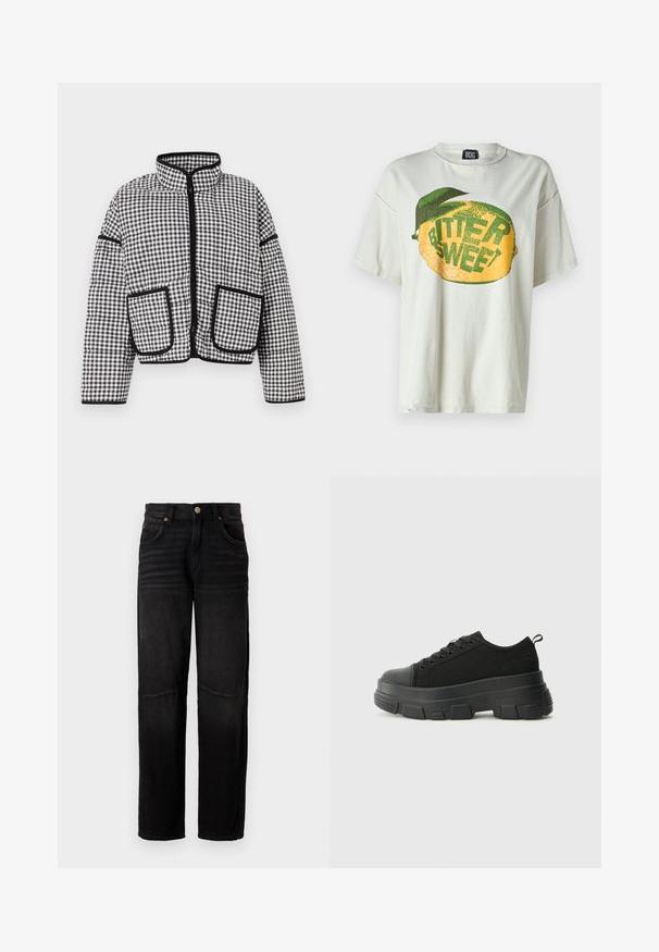 Jachetă de puf în carouri alb-negru, cu guler înalt, fermoar frontal și două buzunare mari cu petice, finisată cu accente negre.; Tricou din bumbac gri deschis, cu un grafic mare de lămâie galbenă și text verde care citește "BITTER SWEET", împreună cu un accent de frunză verde.; Jeansi din denim negru cu o croială dreaptă, stil cu cinci buzunare, închidere cu nasture și detalii subtil estompate pe coapse și genunchi.; Adidași negri cu talpă groasă din cauciuc, superior din material texturat, bot rotund și design cu șireturi. Include gauri întărite pentru șireturi și o buclă pe spate.