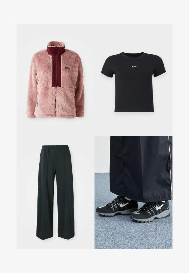 Casaco de fleece em rosa claro com um painel frontal bordô e gola alta. Apresenta um fecho de correr e bolsos laterais. Material macio e texturizado.; T-shirt preta de manga curta feita de algodão, com decote redondo. Apresenta um logótipo branco da Nike no peito, design minimalista e corte ajustado.; Calças atléticas largas e pretas com um cós elástico. Feitas de um tecido liso e elástico, com costuras frontais discretas e sem bolsos.; Tênis atléticos pretos com um cabedal texturizado, detalhes prateados e um solado estampado, combinados com uma peça longa preta. Ambientado sobre um tapete azul.