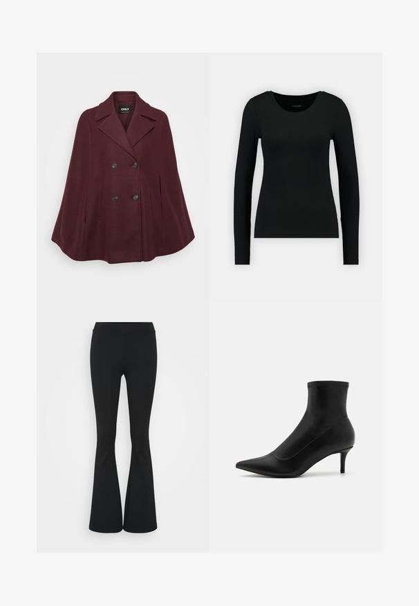 Capa de mezcla de lana burdeos con un diseño de doble botonadura, cuello con muesca, grandes botones negros y dos bolsillos laterales.; Camisa negra de manga larga hecha de tela acanalada. Presenta un escote redondo y una silueta ajustada. Diseño simple sin patrones ni acentos.; Pantalones negros de campana hechos de una tela elástica, con una cintura alta y una textura suave. Los pantalones se ensanchan desde la rodilla.; Botas negras hasta el tobillo hechas de cuero liso con punta afilada y un tacón corto y delgado. Presentan un diseño sin costuras y sutiles acentos de costura.