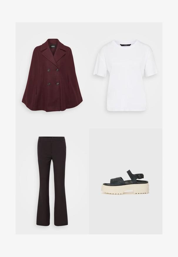 Karmesinroter Wollmischung-Cape mit doppelreihigem Design, Reverskragen, großen schwarzen Knöpfen und zwei seitlichen Taschen.; Weißes Kurzarm-T-Shirt aus Baumwolle. Es hat einen runden Ausschnitt und eine lockere Passform, mit einem schlichten Design ohne sichtbare Muster oder Akzente.; Gina Tricot Tall RELAXED TROUSERS - Stoffhose - brown; Schwarze Wildleder-Plateausandalen mit einer klobigen weißen Sohle, breitem Vorderriemen und verstellbarem Knöchelriemen. Strukturierte Laufsohle für besseren Halt.