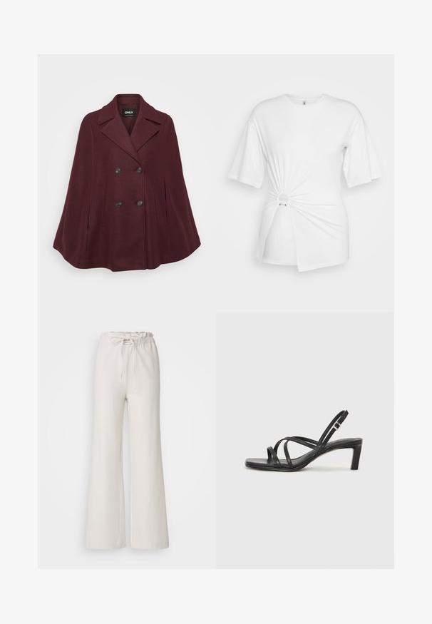 Burgundowa peleryna z wełny z podwójnym zapięciem, klapami, dużymi czarnymi guzikami oraz dwiema bocznymi kieszeniami.; Biała koszulka z miękkiej bawełny, z krótkimi rękawami, z detalem w postaci skręconego węzła z przodu oraz akcentującym pierścieniem w talii.; Jasnobeżowe spodnie o szerokich nogawkach z elastycznym pasem i regulowanym sznurkiem. Wykonane z gładkiego materiału; cechują się prostym, niezdobionym wzornictwem.; Czarne sandały na obcasie z prostokątnym noskiem i niskim słupkowym obcasem. Posiadają wiele cienkich pasków i regulowany pasek na kostkę. Wykonane z gładkiej skóry.