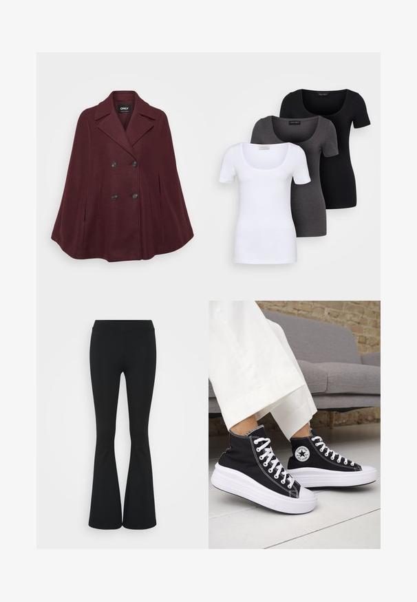 Cappa in misto lana bordeaux con design doppiopetto, colletto a lancia, grandi bottoni neri e due tasche laterali.; Tre T-shirt aderenti in bianco, grigio e nero. Ognuna presenta un ampio scollo a barca e maniche corte. Realizzate in un tessuto morbido e elastico.; Pantaloni neri a zampa d'elefante realizzati in tessuto elasticizzato, con una vita alta e una superficie liscia. I pantaloni si allargano a partire dal ginocchio.; Sneakers nere alte con suole e lacci in gomma bianca. Presentano una toppa con logo rotondo e cuciture a contrasto bianche. Materiale in tela.