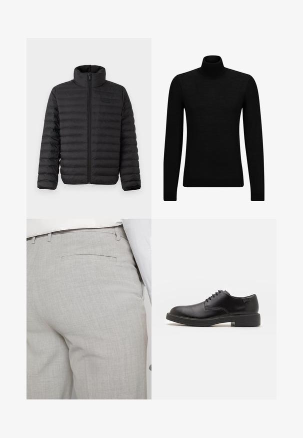 Chaqueta plumón negra con cuello alto, diseño de acolchado horizontal y cremallera frontal. Material suave y resistente al agua con un detalle de marca mínimo.; Jersey de cuello alto negro hecho de un material suave, con mangas largas y un ajuste ceñido. Ribete acanalado en el dobladillo y los puños. Diseño simple.; Pantalones grises claros a medida hechos de tela texturizada, con un solo bolsillo trasero y costuras limpias.; Zapato negro de cuero con cordones, punta redondeada, textura suave, costuras mínimas y tacón bajo de goma. Logo en el tacón.