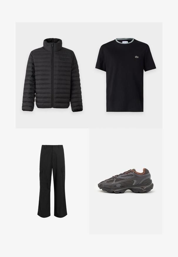 Svart puffjakke med høy krage, horisontal quiltet design og glidelås foran. Mykt, vannavvisende materiale med minimal merkevaredetalj.; Svart bomull T-skjorte med rund hals, med hvit og grønn stripete kant og brodert grønn krokodillelogo på venstre bryst.; Svarte cargo-bukser laget av lett stoff, med en avslappet passform, to store sidelommer og knappelukking.; Lacoste-sneakers i mørkegrått med mesh- og syntetisk materiale, med en teksturert såle og brune detaljer på kragen og merket.