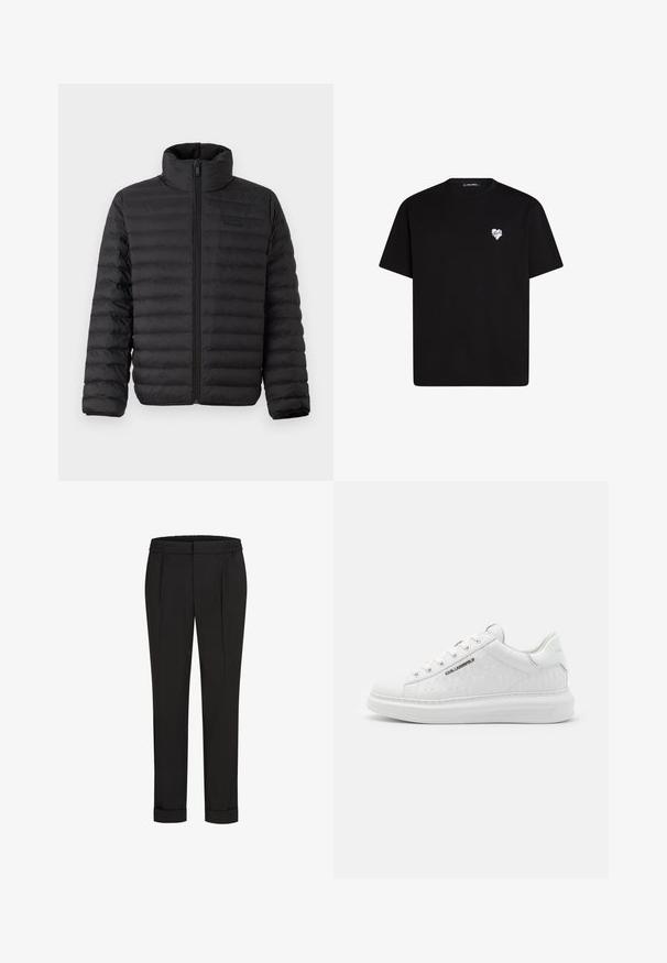 Melnā pūkainā jakā ar augstu apkakli, horizontāli quiltētu dizainu un priekšējo rāvējslēdzēju. Mīksts, ūdensizturīgs materiāls ar minimālu zīmola uzrakstu.; Melna kokvilnas t-krekls ar īsām piedurknēm, apaļu kakla izgriezumu un nelielu baltu sirds grafiku kreisajā krūšu daļā.; Melni bikses ar elastīgu jostu, ar taisna piegriezuma dizainu un sarullētām piedurknēm. Izgatavotas no gluda, auduma bez rakstiem.; Balti sporta apavi, kas izgatavoti no gludas ādas ar reljefotu rakstu. Iemaukti apaļā purngalā, ar auklām un teksturētu zoli. Sudraba logo detaļa sānos.