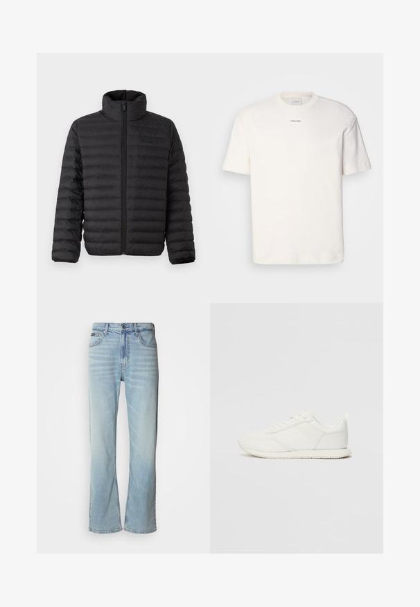 Fekete puffkabát magas gallérral, vízszintes steppelt mintázattal és elülső cipzárral. Puha, vízálló anyag minimális márkaelemmel.; Fehér pamut póló, kerek nyakkal, rövid ujjakkal és hímezett "Calvin Klein" logóval a mellkas közepén. Egyszerű design.; Világoskék farmernadrág egyenes szárú szabással, öt zsebbel, gombos záródással és finom kopással az anyagon.; Fehér sneaker hálós és szintetikus felsőrésszel, kerek orral, lapos fűzőkkel és textúrázott oldalsávval. Gumi talp hátul húzófüllel.
