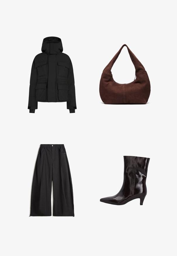 Zwarte pufferjack met een ritssluiting aan de voorkant, meerdere grote zakken en een capuchon. Gemaakt van een gladde, geïsoleerde stof met een losse pasvorm.; Zacht lichtgrijs gebreid trui met lange mouwen en geribde boorden, zoom en ronde hals.; Effen wit T-shirt met korte mouwen en ronde hals met een zwart etiket bij de kraag, plat gelegd op een witte achtergrond.; Zwarte wijde broek met een hoge tailleband, voorzien van plooien, een sluiting met een knop aan de voorkant en twee zijzakken. Gemaakt van stof met een textuurlook.; Bruine leren enkelboot met een spitse neus en een slanke hak van 5 cm. Glanzende textuur en naadloos ontwerp zonder zichtbare hardware of accenten.; Bruin suède hobo tas met een gebogen, brede handgreep en een grote opening. Zachte textuur met zichtbare stiksels langs de randen.