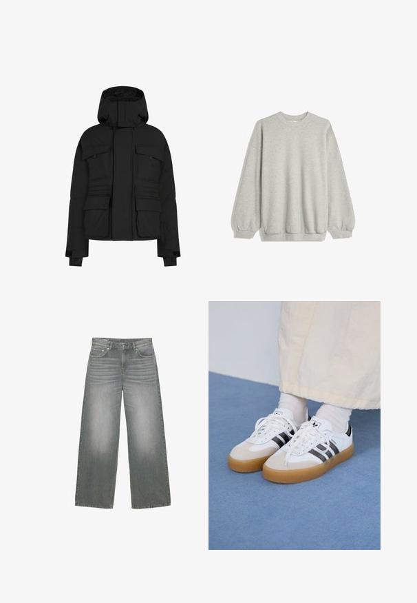 Doudoune noire avec fermeture éclair sur le devant, plusieurs grandes poches et une capuche. Fabriquée à partir d'un tissu lisse et isolé avec une coupe décontractée.; Sweatshirt gris en tissu doux, avec un col rond, des manches longues à poignets élastiques et une coupe décontractée. Pas de motifs ni d'accents.; Jeans en denim gris à jambes larges présentant une texture légèrement délavée, un design à cinq poches, et une fermeture classique à boutons et à fermeture éclair.; Baskets blanches avec des rayures noires et des accents en daim beige. Elles présentent une semelle en gomme texturée et des lacets plats blancs, portées avec des chaussettes claires.