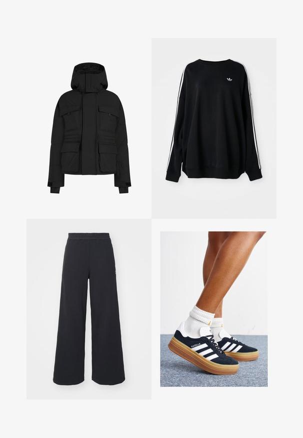 Must värviline puhviajakas, millel on lukuga esikülg, mitu suurt taskut ja kapuuts. Valmistatud siledast ja soojust hoidvast kangast, millel on lõdvestatud lõige.; Mustaline ülepaisutatud sviiter pehmest kangast, millel on valged triibud varrukatel ja väike logo rinnal. Ümar kaelus.; Mustad laiad spordipüksid, mis on valmistatud pehmest kangast, elastse vöökohtaga ja väikese logoga vasakul küljel.; Mustad seemisnahast tossud valgete triipude ja detailidega, ümarate varbassosadega, kummist välistallaga, paaritatud valgete soonikuliste meessokkidega.