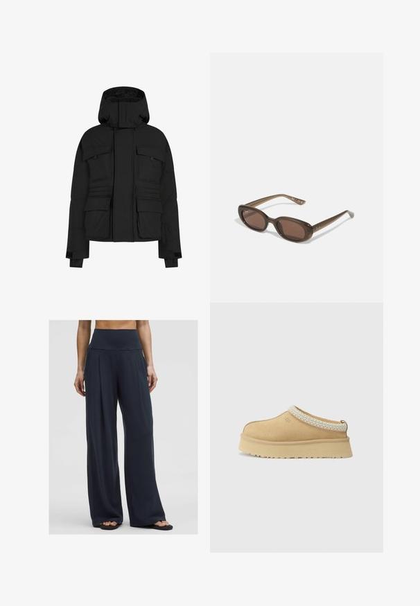 Schwarze Steppjacke mit Reißverschluss, mehreren großen Taschen und Kapuze. Hergestellt aus einem glatten, isolierten Stoff mit bequemer Passform.; Weißer gestrickter Pullover mit V-Ausschnitt und langen Ärmeln. Verfügt über ein strukturiertes Rautenmuster und ein kleines Logo auf der linken Brust.; Weißes ärmelloses Oberteil mit verstellbaren Trägern, taillierter Passform, glattem Stoff und rundem Ausschnitt. Keine Muster oder Hardware-Details.; Eine Frau steht in hoch taillierten, weit geschnittenen dunklen Hosen, die sie mit Sandalen kombiniert hat, und zeigt einen bequemen, lässigen Stil.; Beige Wildleder Slipper mit gepolstertem Kragen und strukturiertem hellblauen Akzent. Verfügt über eine dicke, strapazierfähige Außensohle mit gemusterter Profilierung.; Braune ovale Sonnenbrillen mit dunklen Gläsern. Das Gestell besteht aus einem transparenten braunen Material und hat ein auf den Bügeln aufgedrucktes Logo.; Beige Woven Tote Bag mit lässigem Design und einem einzelnen Schulterriemen. Verfügt über ein strukturiertes Muster auf der gesamten Oberfläche.