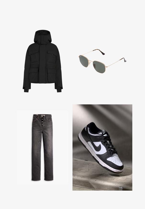 Črna napihnjena jakna z zadrgo, večjimi žepi in kapuco. Narejena iz gladkega, izoliranega tkanine z ohlapnim krojem.; Črn dolg rokav z naramnicami, izdelan iz mehkega materiala, z V-izrezom, skrajšano dolžino in zavitim vozlom ob strani za zapiranje.; Črne skinny jeans visoke pasove z ravnim krojem, izdelane iz denima. Imajo gumb zapenjanje, bakrene dodatke in kontrastne šive.; Črno-bel Nike Dunk Low čevelj z usnjenim zgornjim delom, perforiranim prstnim delom in črnimi vezalkami, z belim podplatom in logotipnimi detajli.; Sončna očala z zlatim kovinskim okvirjem in temno zelenimi lečami, aviatorskega sloga, z vitekimi ročaji in želvovim vzorcem na konicah.; Črna torba za čez ramo z geometrijskim vzorcem, izdelana iz strukturiranega materiala. Ima trdne ročaje in oznako, oblikovana je v strukturirano obliko.