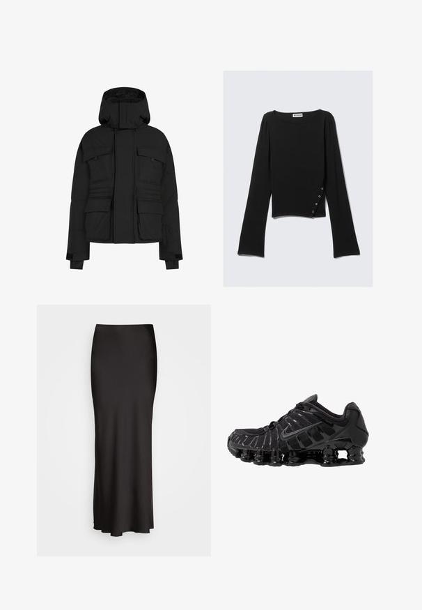 Zwarte pufferjack met een ritssluiting aan de voorkant, meerdere grote zakken en een capuchon. Gemaakt van een gladde, geïsoleerde stof met een losse pasvorm.; Zwarte top met lange mouwen van een gladde stof, met een bootcut halslijn, cropped lengte en een zijdetail met zilveren drukkers.; Zwarte, vloerlange satijnen rok met een gladde textuur, een aansluitende tailleband en een A-lijn silhouet, zonder zichtbare versieringen of patronen.; Zwarte sportieve schoen met mesh-bovenwerk en glanzende overlays. Bevat afgeronde spoelvering en textuur lijnen aan de zijkant. Nike-logo zichtbaar.