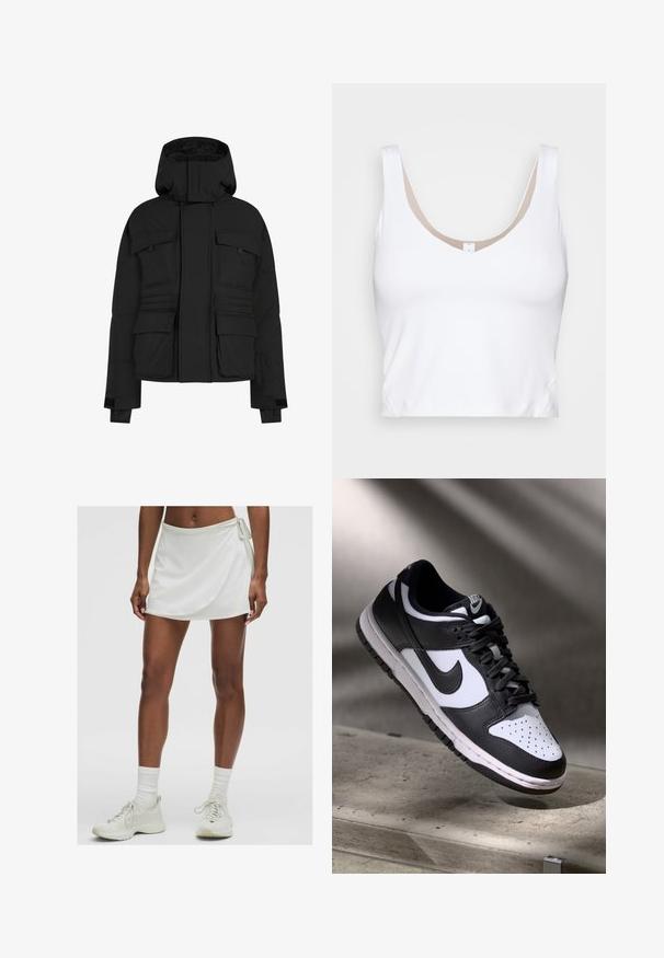 Melns pūkains jaka ar rāvējslēdzēju priekšā, vairākiem lieliem kabatām un kapuci. Izgatavota no gludas, izolējošas auduma ar brīvu griezumu.; Balta īsā blūze ar apaļu kakla izgriezumu un platām plecu siksnām. Izgatavota no gludas, elastīgas auduma ar beigās akcentētu odere kakla izgriezumā.; Baltas sporta svārku šorts ar apviju dizainu, izgatavots no gludas auduma. Ar sānu auklu un kombinēts ar gaišas krāsas treniņbotiem un zeķēm.; Melnbaltas Nike Dunk Low sporta apavi ar ādas augšdaļu, caurdurta pirkstu kaste un melnām šņorēm, ar baltu zoli un logo akcentiem.