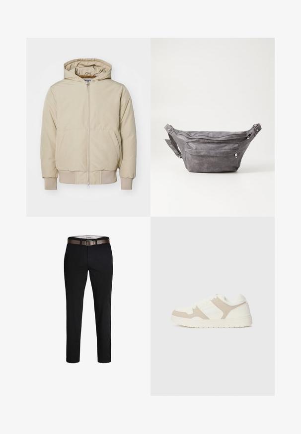 Veste à capuche beige avec une fermeture éclair sur le devant, deux grandes poches latérales, poignets et ourlet côtelés, fabriquée en tissu texturé. Design simple et moderne.; Pull en tricot beige à manches longues avec col rond et petit logo brodé marron sur la poitrine gauche, présenté sur un fond uni.; Pantalon en coton noir avec une coupe droite, doté d'une ceinture en cuir marron et d'une texture lisse. Design simple, sans motifs ni accents visibles.; Baskets blanches et beiges présentant une combinaison de textures lisses et en daim, un bout rond, un système de laçage et une semelle en caoutchouc plate.; Sac banane en suède gris avec une forme arrondie, deux compartiments zippés et une sangle réglable. Comprend des accents en métal.