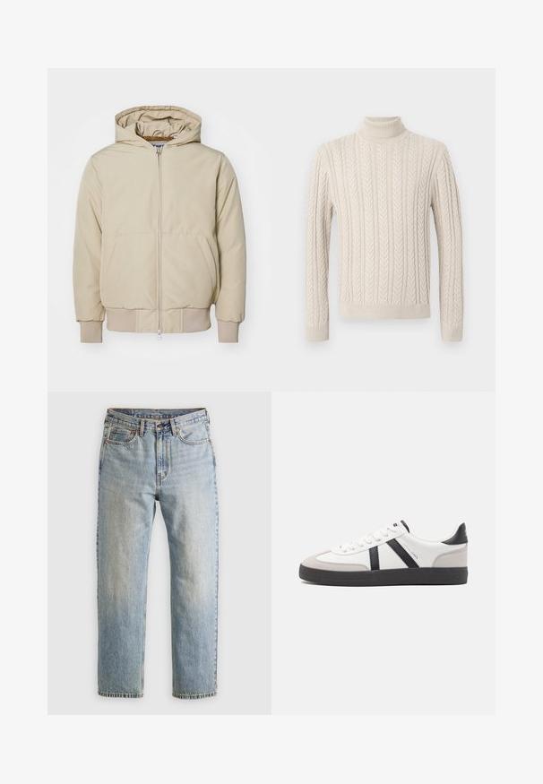 Beige hooded jacket with a front zipper, two large side pockets, ribbed cuffs and hem, made of textured fabric. Simple, modern design.; Beige, knitted sweater with a high, ribbed turtleneck. Features a textured cable pattern and ribbed cuffs and hem, offering a cozy appearance.; Light blue denim jeans with high waist, front button, zipper, and five-pocket design, laid flat on a neutral background.; White sneaker with black and gray accents, featuring a textured gray toe cap, black rubber sole, and flat white laces. Clean design, minimalist style.