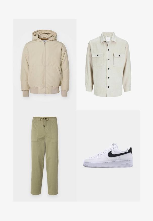 Giacca beige con cappuccio, chiusura frontale con zip, due grandi tasche laterali, polsini e orlo a costine, realizzata in tessuto texture. Design semplice e moderno.; Camicia di flanella beige con colletto, dotata di due tasche sul petto, bottoni neri e maniche lunghe con polsini bottonati.; Pantaloni verde oliva chiaro realizzati in tessuto misto cotone, con una vita elasticizzata e cordoncino, e due ampie tasche laterali.; Sneaker bianca in pelle con un Swoosh nero testurizzato, lacci piatti e una suola in gomma con un motivo a righe. "AIR" è impresso sul tallone.