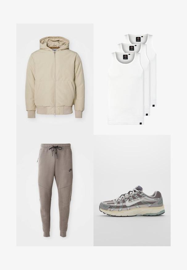 Béžová mikina s kapucí, vzadu na zip, dvě velké boční kapsy, manžety a lem z žebrované látky, vyrobena z texturované tkaniny. Jednoduchý, moderní design.; Tři bílé žebrované tílka vyrobené z bavlny. Mají kulatý výstřih a malé černé štítky poblíž lemu. Dostupné v několika velikostech.; Šedé Nike tepláky s elastickým pasem na šňůrku, zúženými nohavicemi, bočními kapsami a charakteristickým švem. Měkká, strukturovaná tkanina.; Šedá sportovní obuv s vrchní částí z mikrovlákna a semiše, bílými akcenty, polstrovanou podrážkou a jedinečným designem s reflexními prvky.