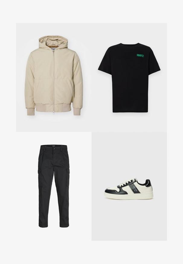 Veste à capuche beige avec une fermeture éclair sur le devant, deux grandes poches latérales, poignets et ourlet côtelés, fabriquée en tissu texturé. Design simple et moderne.; T-shirt noir en coton à manches courtes. Présente un logo "ROOTS" vert sur le devant, un col rond et une coupe standard.; Pantalons cargo noirs en tissu résistant, dotés de plusieurs poches, d'une fermeture par bouton et d'une coupe slim avec des jambes fuselées.; Baskets en cuir avec un schéma de couleurs noir et crème, dotées d'accents perforés, d'un col rembourré et d'une semelle texturée.