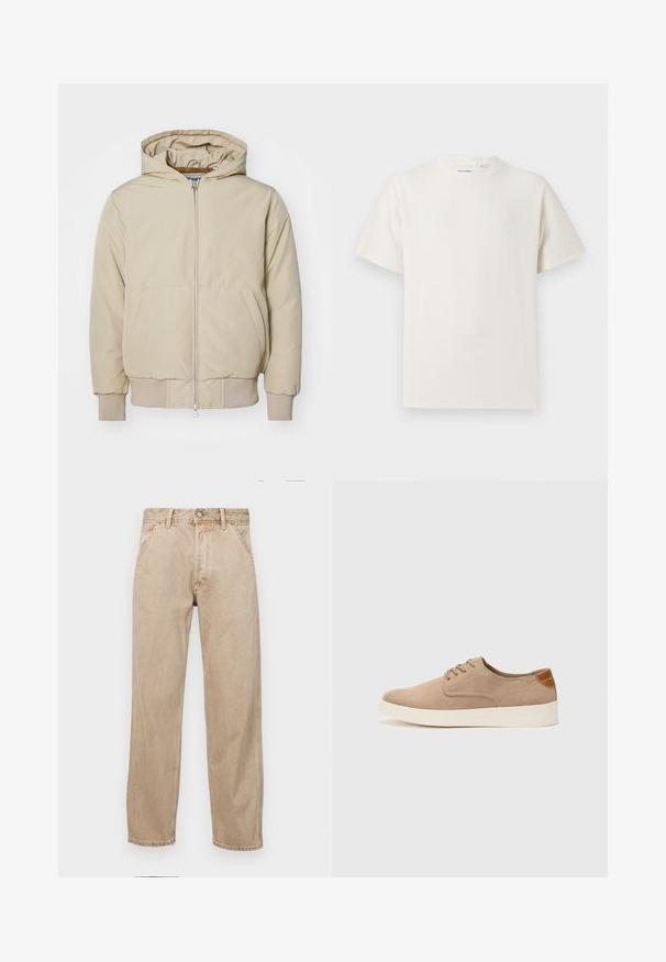 Veste à capuche beige avec une fermeture éclair sur le devant, deux grandes poches latérales, poignets et ourlet côtelés, fabriquée en tissu texturé. Design simple et moderne.; T-shirt blanc à manches courtes en texture côtelée. Encolure ronde, coupe décontractée, sans motifs ni accents visibles. Design simple et polyvalent.; Jeans en denim beige avec une coupe droite, dotés de poches avant, d'une fermeture à bouton en métal et d'une texture subtile.; Baskets en daim beige avec un embout arrondi, un laçage sur le devant et un accent texturé à l'arrière. La semelle en caoutchouc blanche offre un contraste. Design simple et moderne.