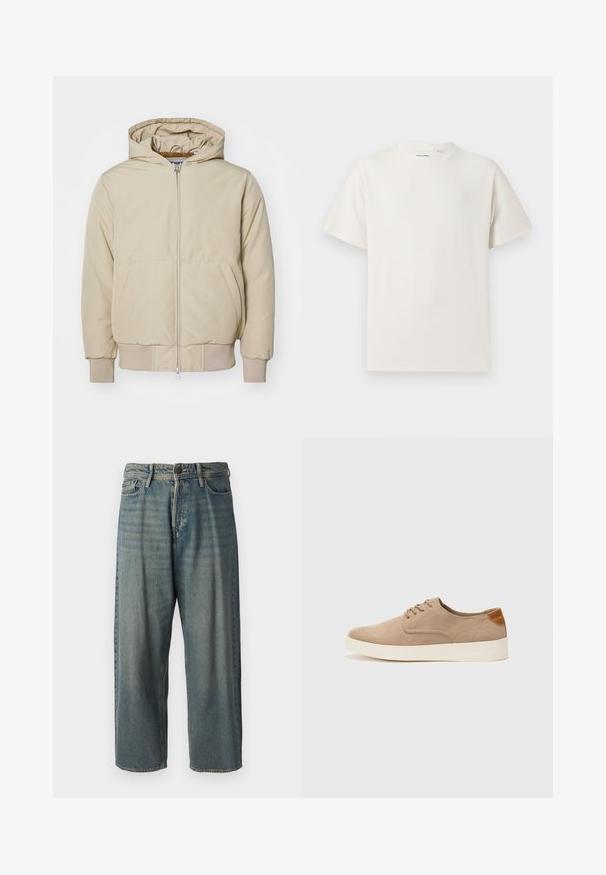 Beige hooded jacket with a front zipper, two large side pockets, ribbed cuffs and hem, made of textured fabric. Simple, modern design.; White short-sleeve T-shirt in a ribbed texture. Round neckline, relaxed fit, no visible patterns or accents. Simple and versatile design.; Light blue denim jeans with a loose fit, mid-rise waist, and straight legs. Features five pockets, belt loops, and a button closure.; Beige suede sneakers with a rounded toe, lace-up front, and a textured back accent. White rubber sole provides contrast. Simple and modern design.