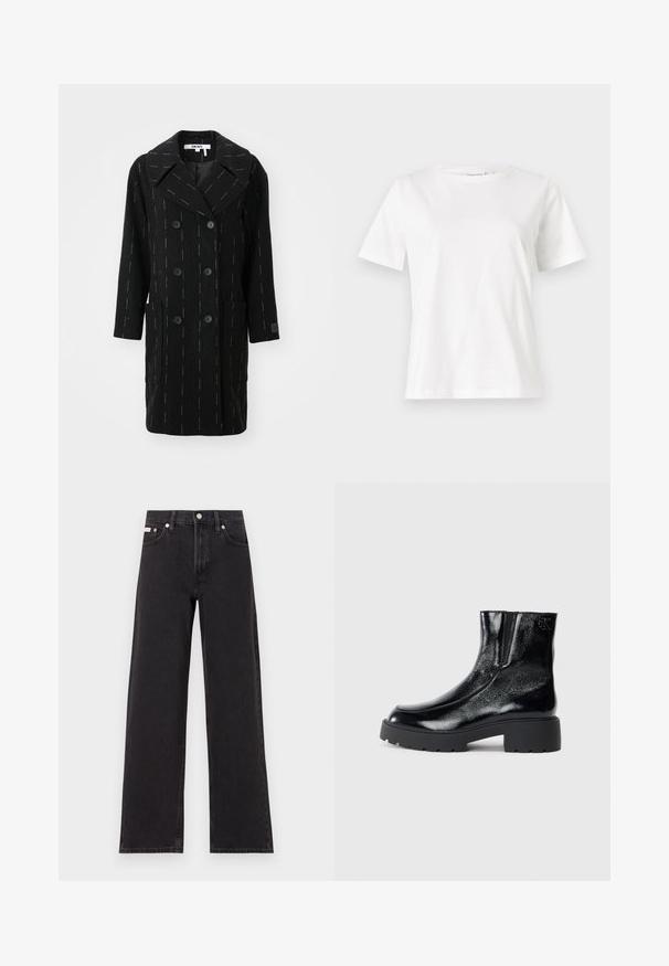 Must värviga topeltrinna ülikond, millel on sisselõigatud krae, valged vertikaalsed triibud ja kaks esist taskut. Sile villasegu tekstuur.; Valge puuvillane T-särk lühikeste varrukatega, ümmarguse kaelusega ja vabalt istuv. Sile tekstuur, ilma mustrite ja aktsentideta, minimalistik disain.; Mustad laiad mustad teksad, millel on kõrge vöökoht, viie tasku stiil ja metallist nööpkinnitus kontrastsete õmblustega.; Mustad mustad tossud läikiva patendi nahaga viimistlusega, jäme musta kummist tald ja kõrgendatud konts; sisaldab külgedel peent logodegust.