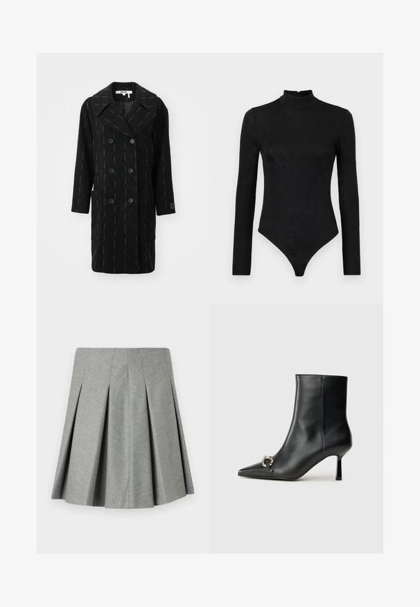 Fekete, dupla soros kabát, hegyes gallérral, fehér függőleges csíkozással és két elülső zsebbel. Simogatós gyapjú keverék textúra.; Fekete, hosszú ujjas body magas nyakkal és diszkrét textúrával. Hátul cipzárral és tanga alsórésszel rendelkezik.; Zúgott szürke szoknya strukturált anyagból, illeszkedő derékrésszel és bővülő szabással. Nincs látható szerelvény vagy dísz.; Fekete bőr bokacsizma hegyes orral, vékony közép magasságú sarokkal és ezüst csattal az oldalon, sima háttér előtt.