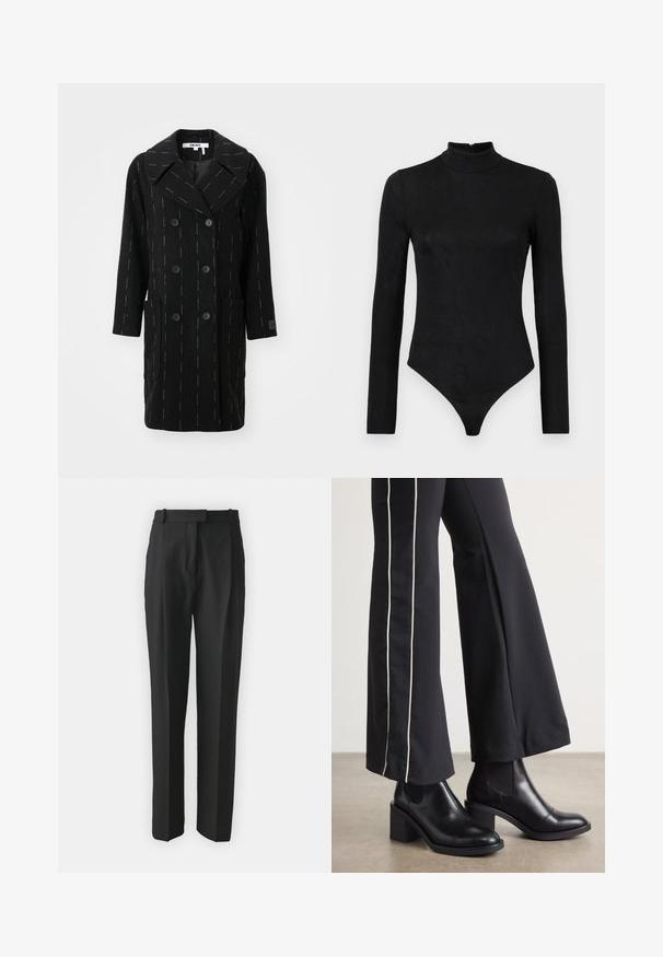 Čierny dvojradový kabát s klopovým golierom, zdobený bielymi vertikálnymi prúžkami a dvoma prednými vreckami. Hladká zmes vlny.; Čierny body s dlhými rukávmi, vysokým golierom a jemnou textúrou. Obsahuje zips na chrbte a dizajn s tangami.; Čierne nohavice na mieru vyrobené z ľahkej tkaniny, so strmým strihom, plochým predným dielom a pútkami na opasok. Hladká textúra bez viditeľných vzorov.; Čierne kožené členkové topánky s blokovým podpätkom, vybavené elastickými bočnými panelmi. Skombinované s čiernymi nohavicami, ktoré majú biely bočný pruh.