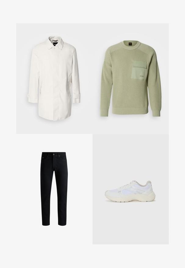 Biała, średniej długości kurtka z zapięciem na guziki, kołnierzem w szpic i dwoma bocznymi kieszeniami. Wykonana z gładkiego, lekkiego materiału z podwiniętymi mankietami.; Jasnozielony sweter z dzianiny o prążkowanej teksturze, z okrągłym dekoltem i przednią kieszonką. Posiada logo na kieszeni oraz dopasowane mankiety.; Czarne jeansy slim fit z pięcioma kieszeniami, zapięciem na guzik i pętelkami na pasek, wyeksponowane na białym tle.; Białe sportowe buty wykonane z siateczki i zamszu, z teksturowaną podeszwą środkową, teksturowanymi akcentami i logo "HUGO" z boku.
