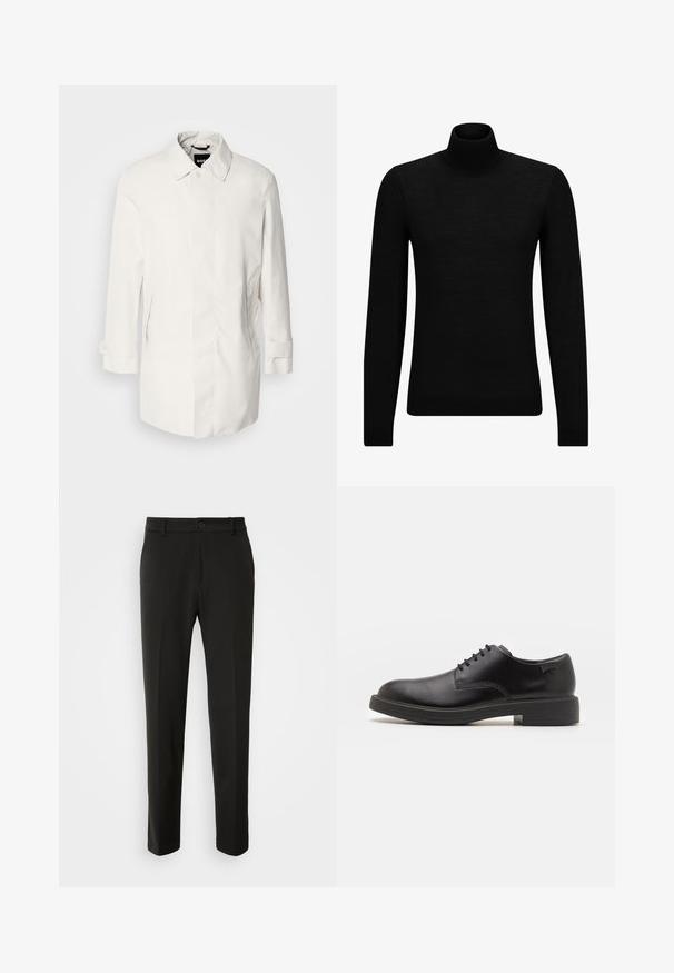 Cappotto bianco di lunghezza media con chiusura a bottoni, colletto a punta e due tasche laterali. Realizzato in materiale liscio e leggero con polsini arrotolati.; Maglione a collo alto nero realizzato in materiale morbido, con maniche lunghe e vestibilità aderente. Bordo a coste all'orlo e ai polsini. Design semplice.; Pantaloni neri realizzati in tessuto liscio, con gamba dritta, chiusura con bottone e un design classico adatto per abbigliamento formale o casual.; Scarpa nera in pelle con lacci, punta tonda, texture liscia, cuciture minime e tacco in gomma basso. Logo sul tacco.